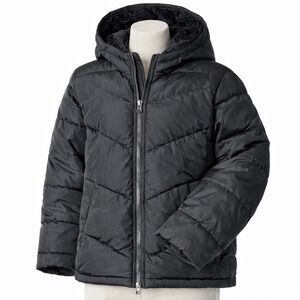 Swiss Tech Girls Black Puffer Jacket Faux Fur Lined Hooded Coat Size L 10-12